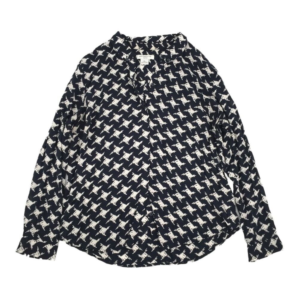 Liz Claiborne Petite Button Down Top Size PL Womens Navy Blue White Large L
